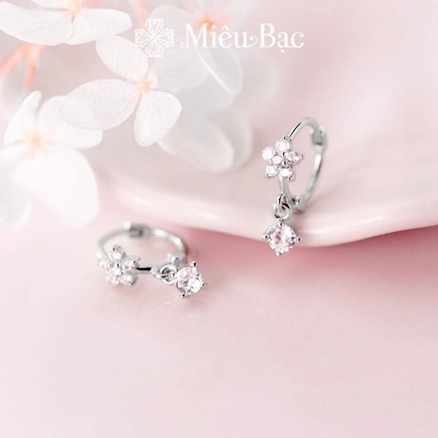 Bông tai bạc nữ Miêu Bạc Hoa 5 cánh đính đá 2 màu - (1 chiếc) chất liệu bac 925 phụ kiện trang sức nữ MB28