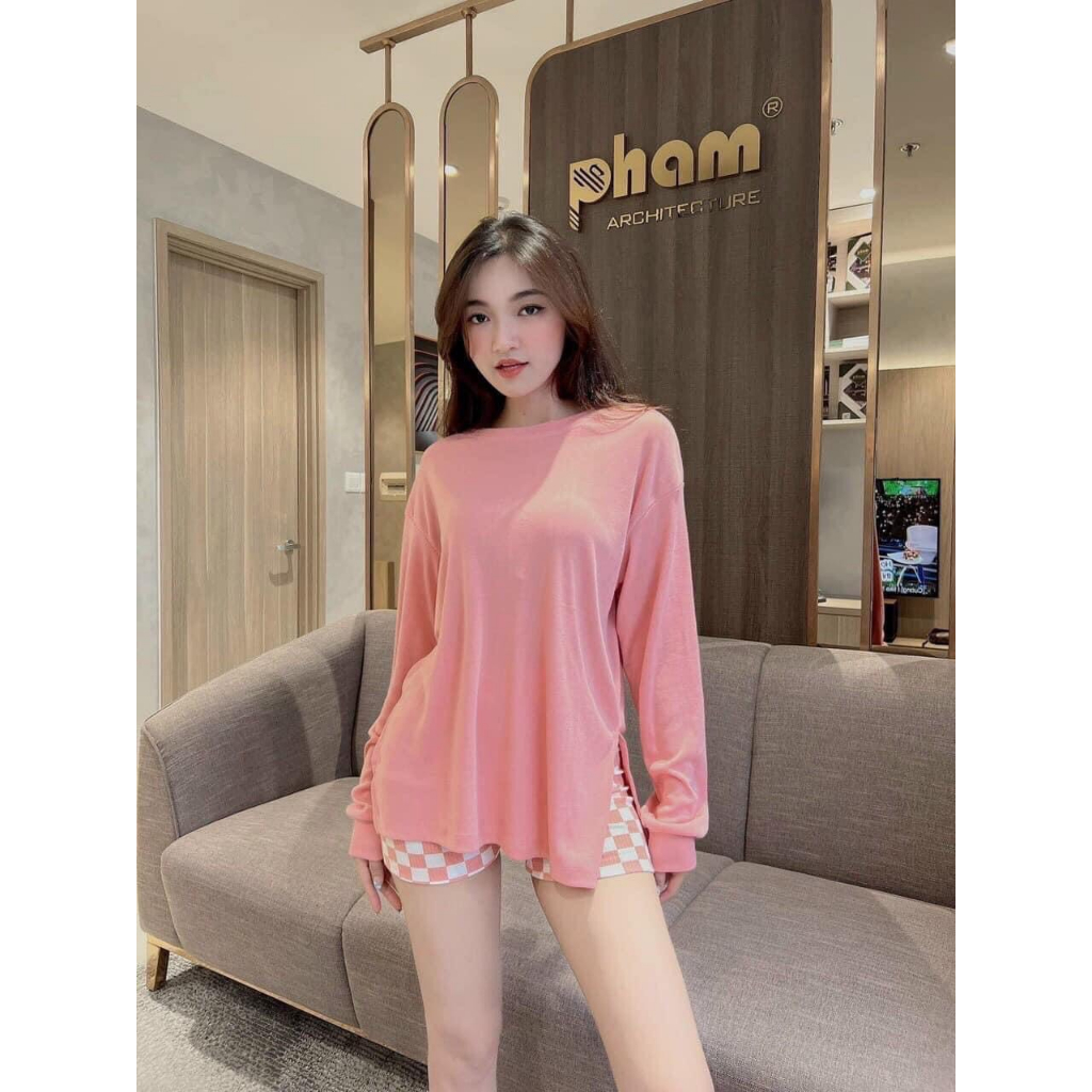 Đồ bộ nữ,set đồ bộ ngố quần lửng thun gân và áo thun cotton dài tay xẻ lai form rộng