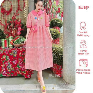 Váy bầu công sở kẻ caro cổ sen- đầm bầu mùa hè freesize
