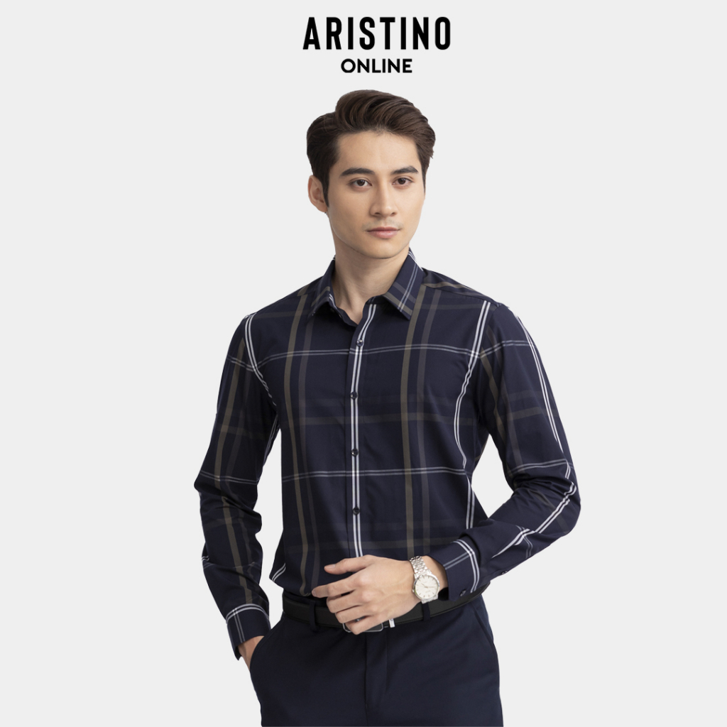 Áo sơ mi nam dài tay ARISTINO màu xanh tím than kẻ trắng nam tính, lịch sự - ALS01103