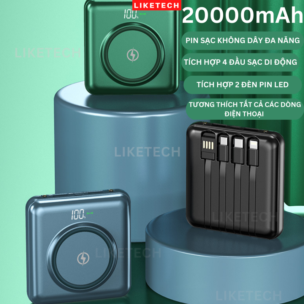 Pin Sạc Dự Phòng Không Dây 20000mah Nhỏ Gọn Cầm Tay Cho Điện Thoại Có Tích Hợp 4 Dây Sạc, Đèn Pin Led