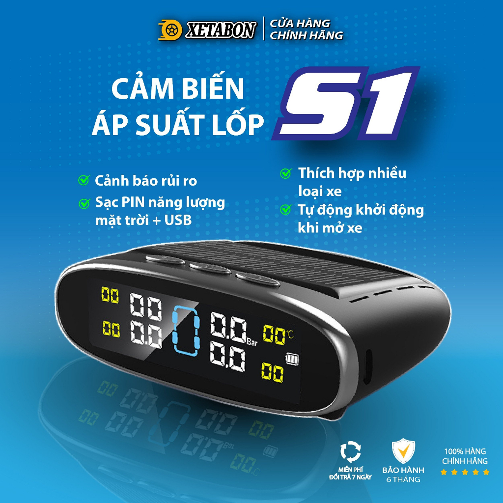 Cảm biến áp suất lốp, đo áp suất lốp ô tô S1, van ngoài phiên bản nói Tiếng Việt, cảnh báo thủng lốp, nổ lốp, an toàn