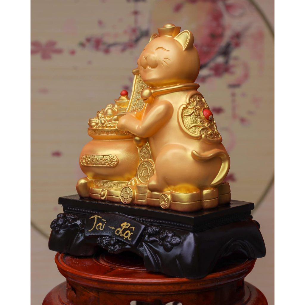 Tượng mèo phong thủy ôm hũ vàng chất liệu composite cao cấp, tượng mèo vàng 2023 kích thước cao 35cm, ngang 30cm, 3kg