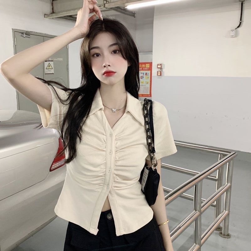 Áo sơ mi nữ dáng croptop cách điệu chất vải tổ ong cao cấp co giãn ôm body cực đẹp áo cộc tay năng động trẻ trung A08
