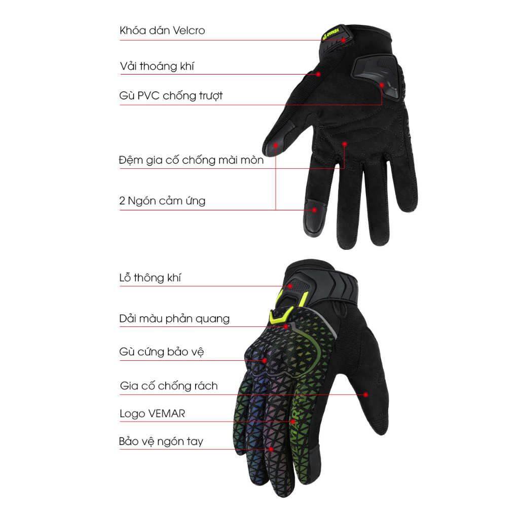ZÓNG® Găng tay biker phản quang ngón cảm ứng VEMAR VE17