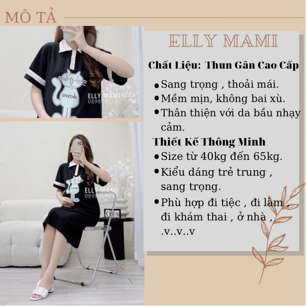 ( 40kg - 65kg )  Đầm Bầu , Suông Thun Gân Mèo Cổ Sơmi Form Dễ Mặc Thoải Mái Suốt Thai Kì &amp; Sau Sinh