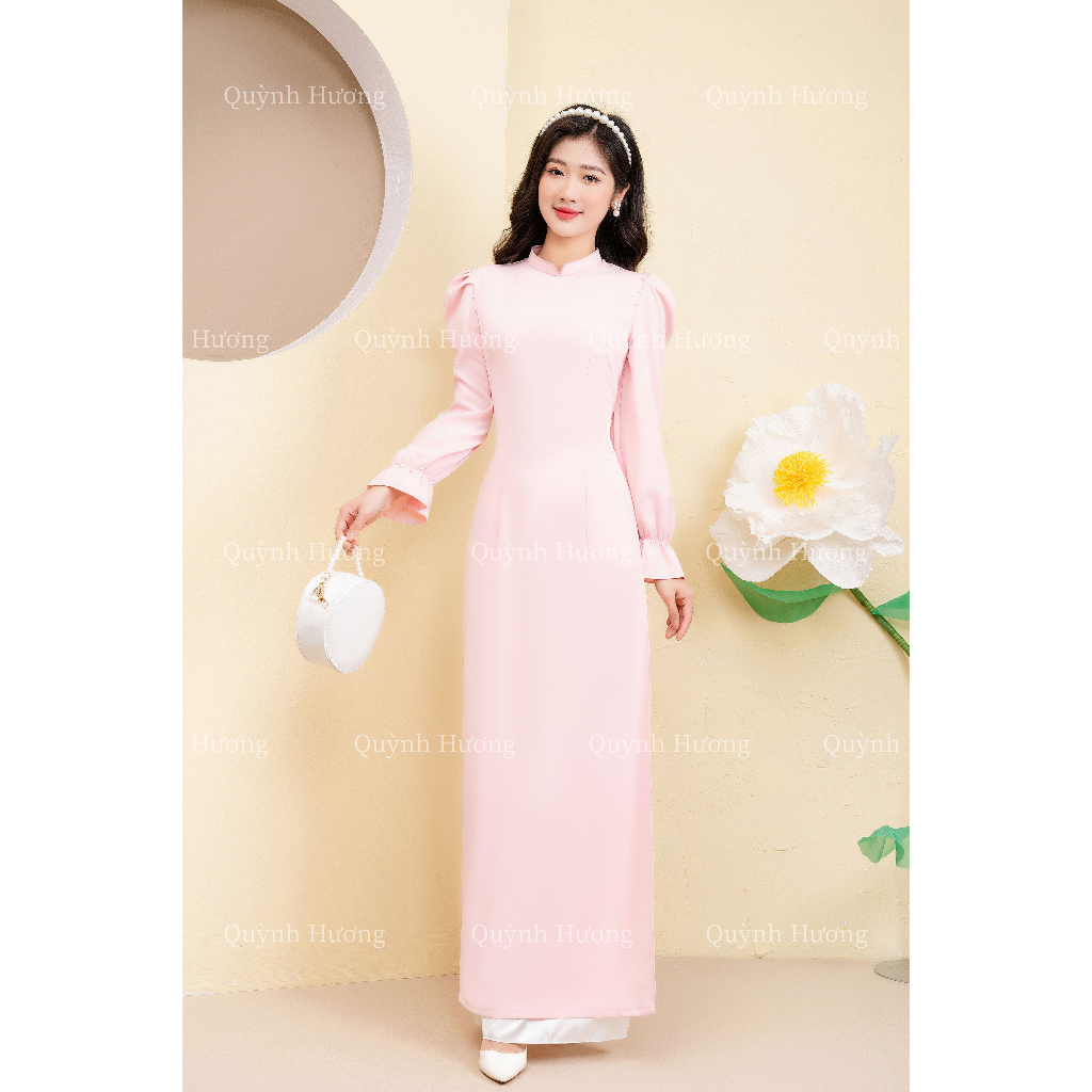 Áo dài truyền thống lụa mỹ hồng tay chun đính hạt trai siêu xinh by Quỳnh Hương