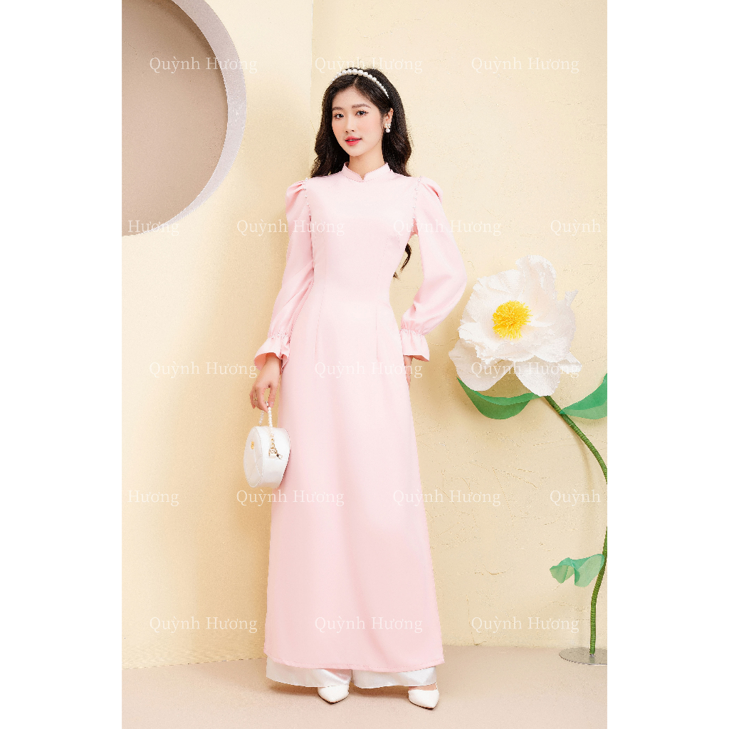 Áo dài truyền thống lụa mỹ hồng tay chun đính hạt trai siêu xinh by Quỳnh Hương