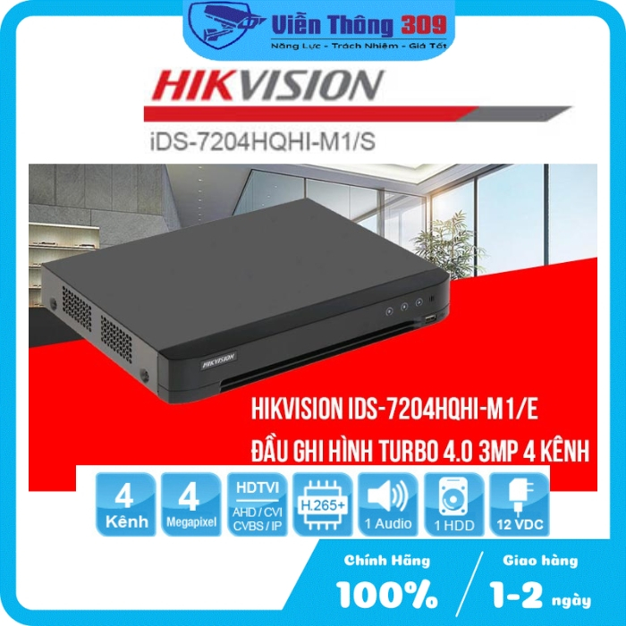 Đầu ghi hình 3MP 4 kênh Hikvision iDS-7204HQHI-M1/E hỗ trợ âm thanh, đàm thoại 2 chiều - Chính hãng