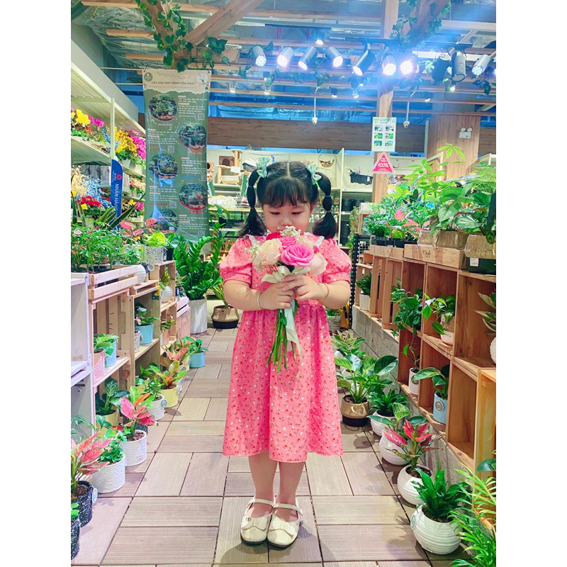 Đầm đôi cho Mẹ & bé Gái hoạ tiết hoạ nhí màu hồng dễ thương