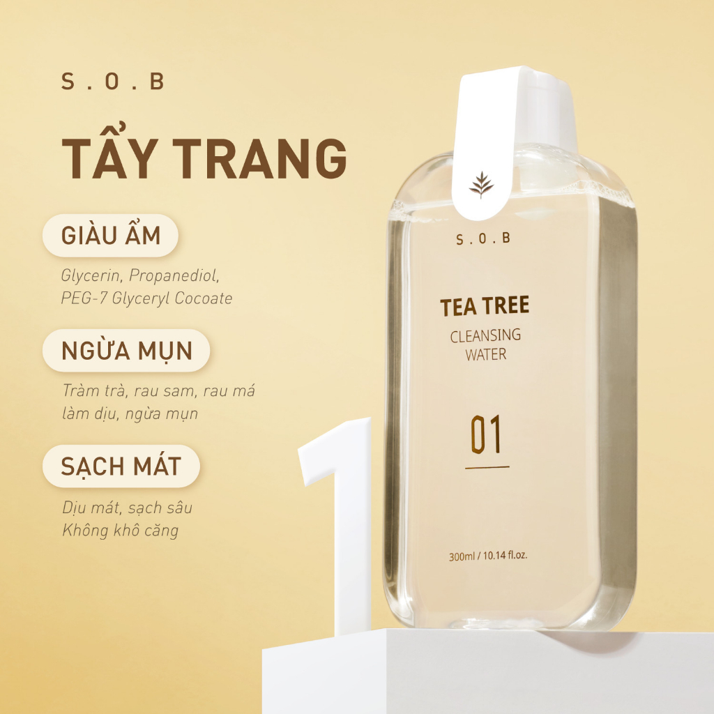 Nước tẩy trang không cồn cho da mụn nhạy cảm S.O.B Tea Tree Cleansing Water Hàn Quốc 300ml