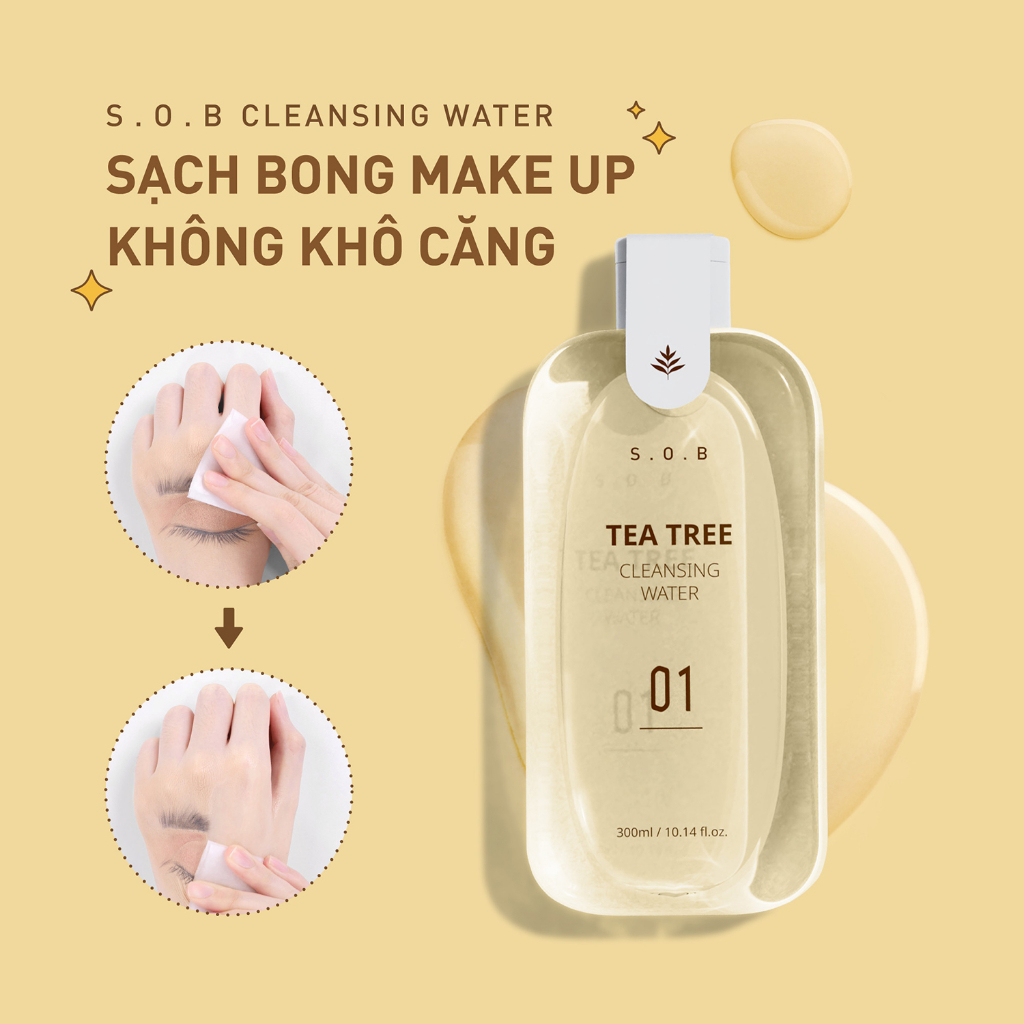 Nước tẩy trang không cồn cho da mụn nhạy cảm S.O.B Tea Tree Cleansing Water Hàn Quốc 300ml