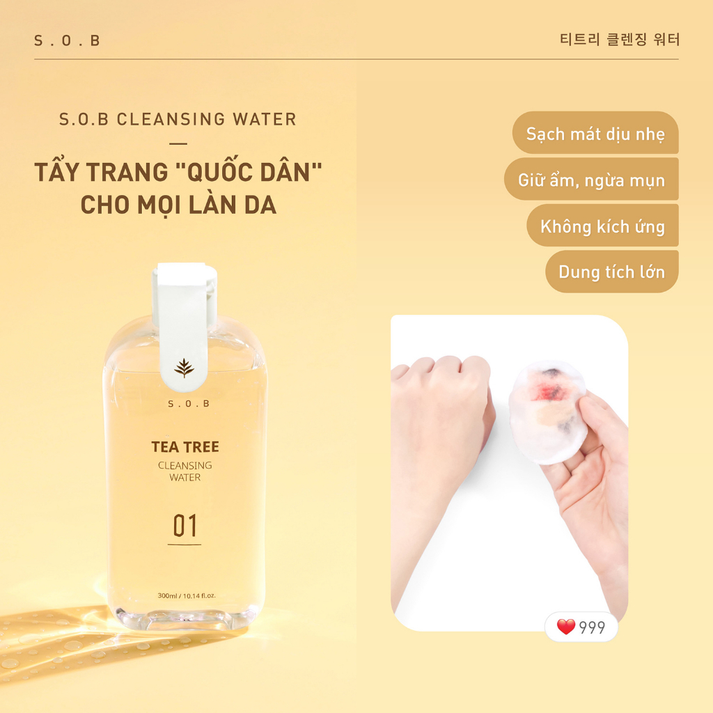 Nước tẩy trang không cồn cho da mụn nhạy cảm S.O.B Tea Tree Cleansing Water Hàn Quốc 300ml