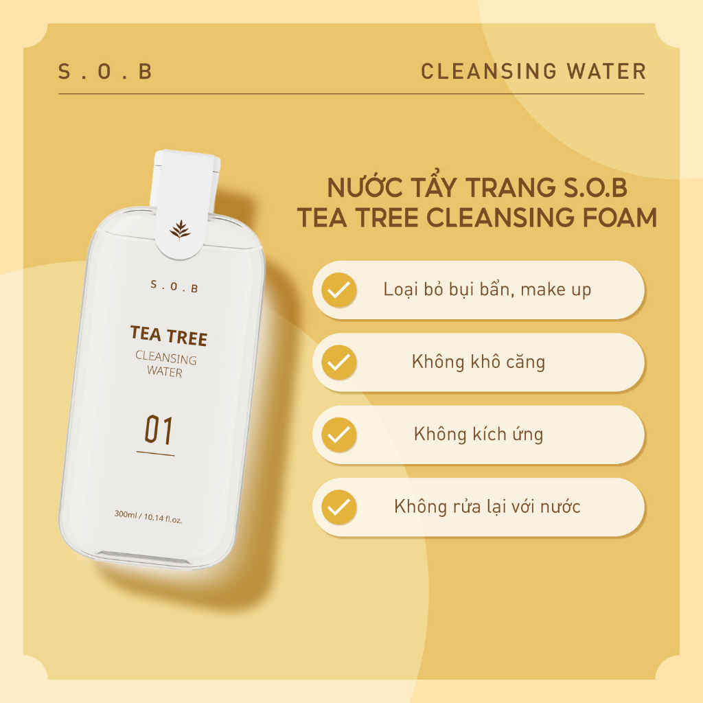 Nước tẩy trang không cồn cho da mụn nhạy cảm S.O.B Tea Tree Cleansing Water Hàn Quốc 300ml