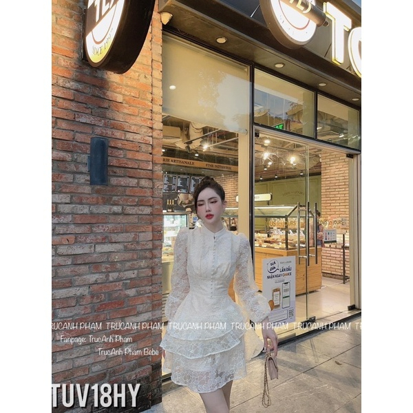 Đầm thiết kế REN, váy tay bồng cup ngực buộc nơ chiết eo nhẹ nhàng quyến rũ full size