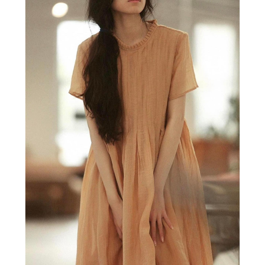 Đầm maxi tơ dáng babydoll cổ xếp ly bèo màu nâu cafe D575