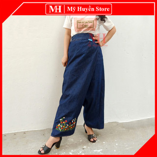Váy Chống Nắng Dạng Quần Vải Jean Dày Cao Cấp Có Nút Bấm Chân Thêu Hoa Thu Hải Đường Mỹ Huyền Store