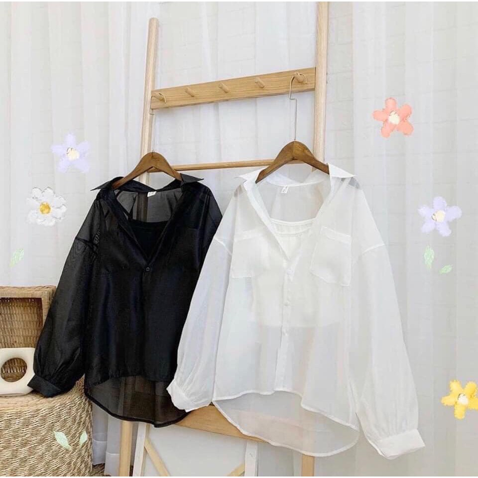 SÉT 2 MÓN GỒM ÁO SƠ MI LỤA TRONG SUỐT KÈM ÁO 2 DÂY MẶC TRONG SIÊU HOT 2 MÀU ĐEN TRẮNG CỰC DỄ PHỐI ĐỒ A02