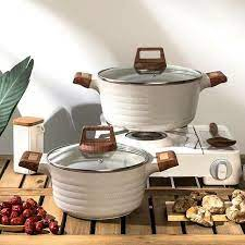 nồi gốm sứ chống dính 7 lớp màu trắng sữa dùng được bếp từ TC