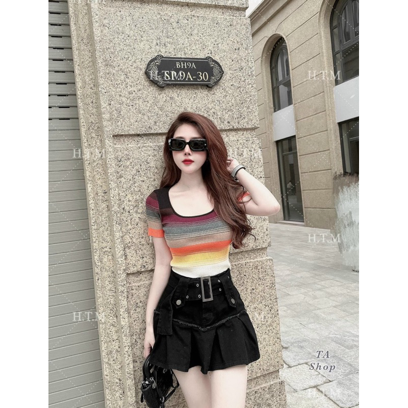 Áo Len Mongtoghi Cộc Tay Cổ Vuông Phối Màu Mã ĐL30