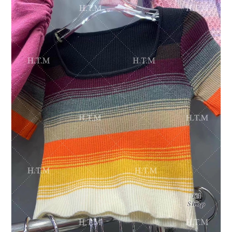 Áo Len Mongtoghi Cộc Tay Cổ Vuông Phối Màu Mã ĐL30