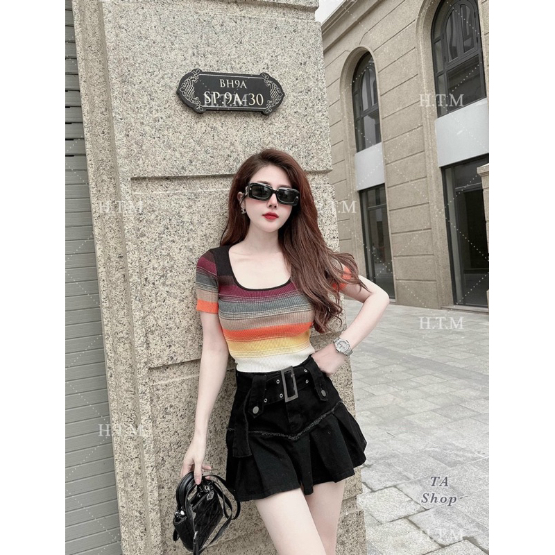 Áo Len Mongtoghi Cộc Tay Cổ Vuông Phối Màu Mã ĐL30