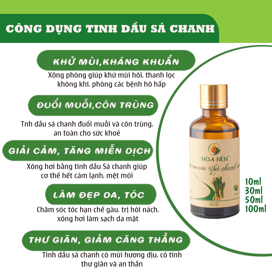 Tinh dầu Sả Chanh 50ml - Hoa Nén - Hương thơm mát, khử mùi, ẩm mốc, đuổi muỗi, côn trùng