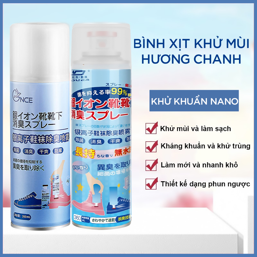 Chai xịt khử mùi giày dép Nano Bạc hương trái đào diệt khuẩn Shoes 2h 1 lọ 260ml, làm thơm tủ giày, quần áo, tất vớ chân