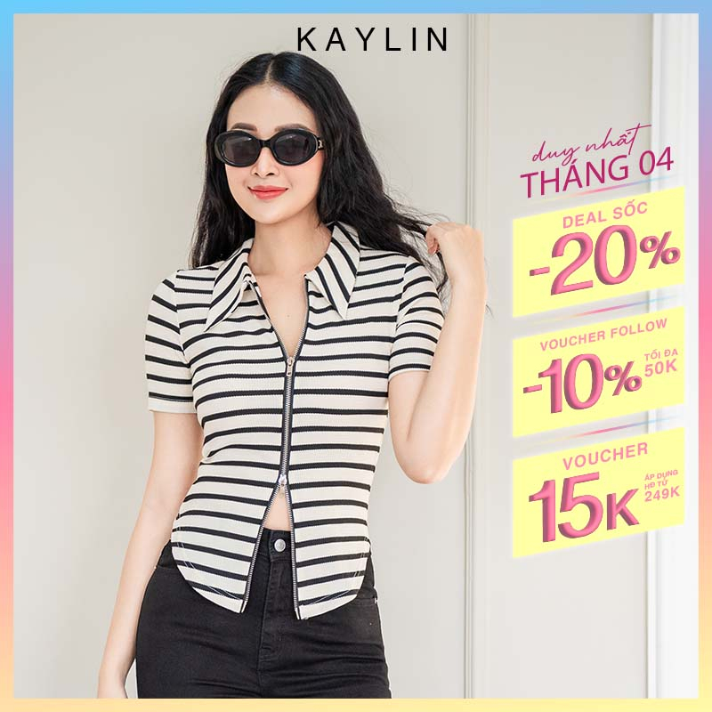 Áo thun nữ sọc dây kéo 2 đầu phong cách KAYLIN - N1804