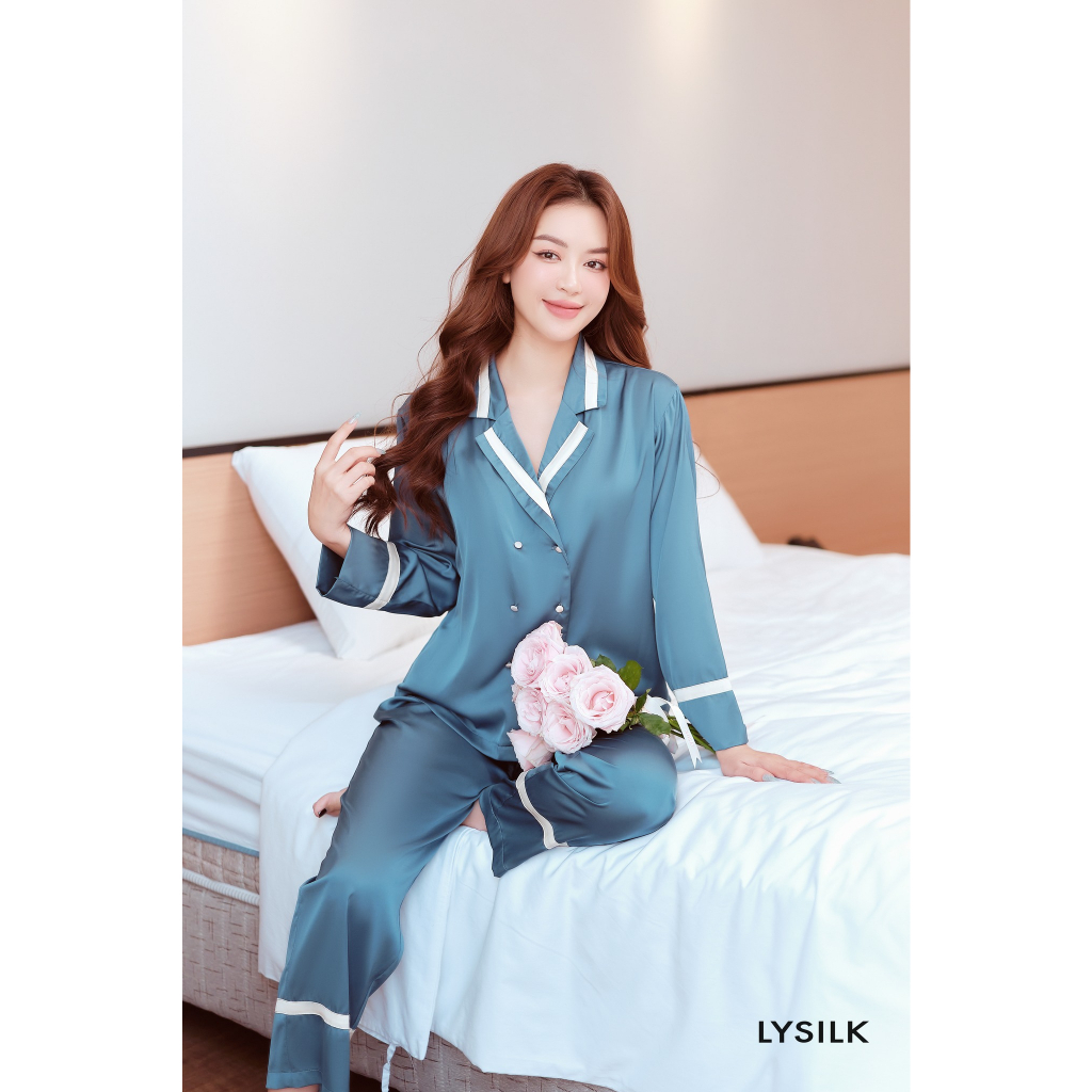 Bộ đồ ngủ nữ pyjama lụa cộc tay thiết kế cao cấp LYSILK - BN56 - Áo dài tay quần dài