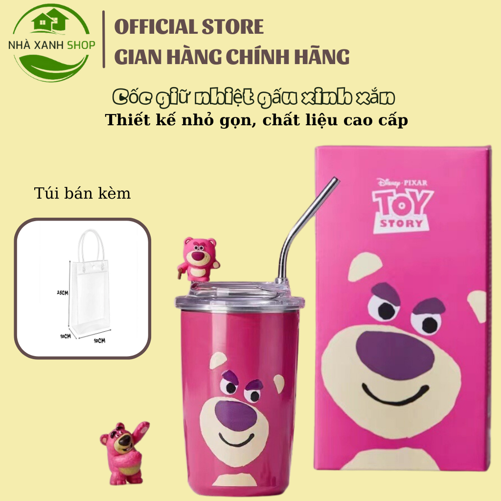 Ly Giữ Nhiệt Gấu Dâu Dung Tích 450ML, Cốc Giữ Nhiệt Uống Cafe Inox 304, Giữ Nhiệt Từ 8-12 Giờ, Tặng Kèm Ống Hút