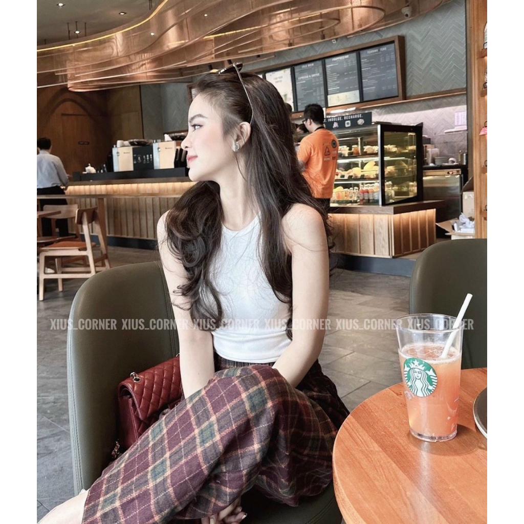 [4.4 Sales Freeship] Set áo thun trắng ba lỗ nhún 2 bên croptop phối quần dài ống rộng caro đỏ đi chơi cá tính mtb