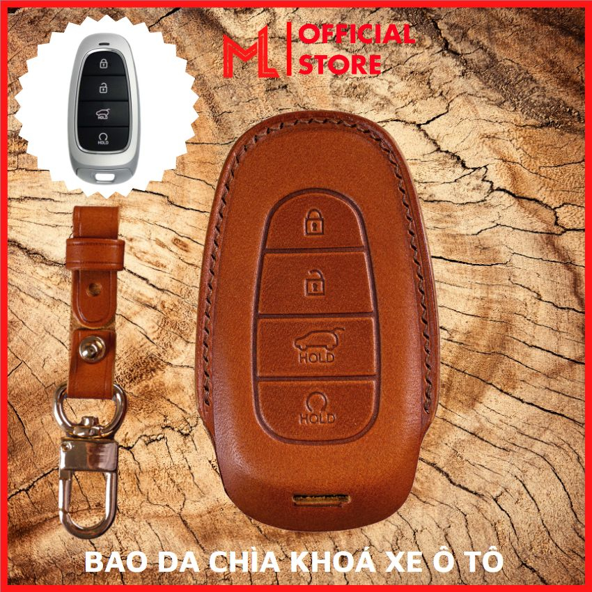 Bao Da Chìa Khoá HUY-E4 Hyundai SantaFe 2021-2023, Tucson 2022 Da Thật May Thủ Công, Bảo Vệ Chìa Khoá, Vỏ Ốp Chìa Khoá
