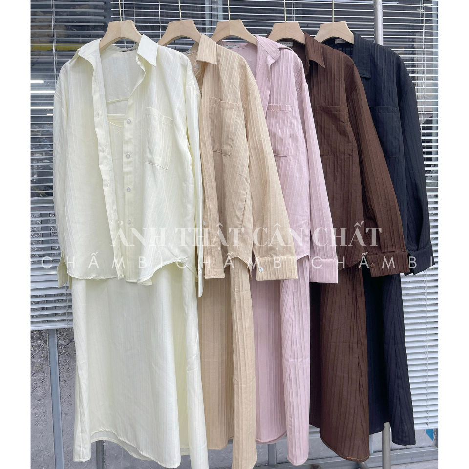 Set đồ nữ đi chơi S.124, Set váy 2 dây kèm áo sơ mi dài tay khoác ngoài 5 màu trẻ trung - Shop Chấm Bi