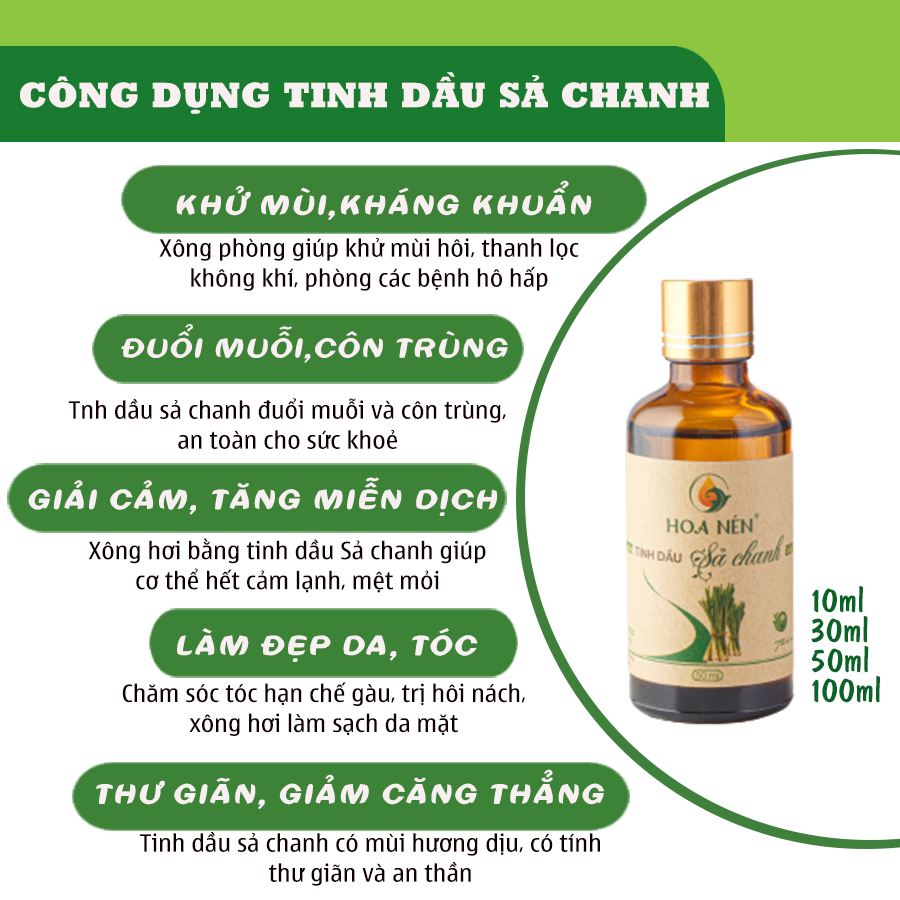 Tinh dầu Sả Chanh 10ml - Hoa Nén - Hương nồng ấm, khử mùi, ẩm mốc, đuổi muỗi, côn trùng