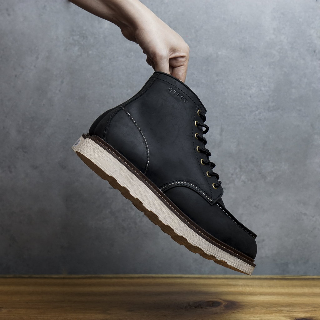 Giày boots  nam  cổ cao moctoe da bò sáp đế cao su non tăng chiều cao 4,5cm