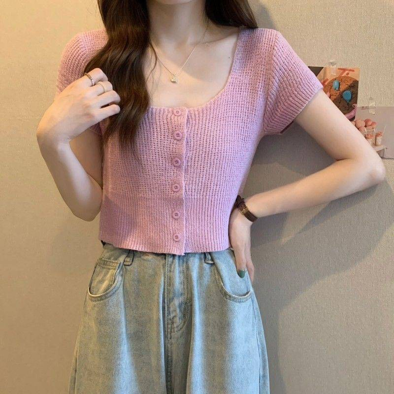 Áo len Croptop Dệt Kim Tay Ngắn Cổ Vuông Nhiều Màu Phối Nút Dễ Thương Cho Nữ b70