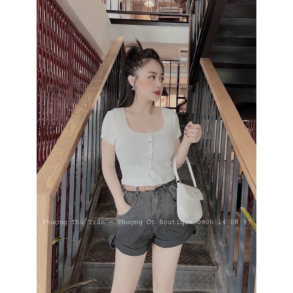 Áo len Croptop Dệt Kim Tay Ngắn Cổ Vuông Nhiều Màu Phối Nút Dễ Thương Cho Nữ b70