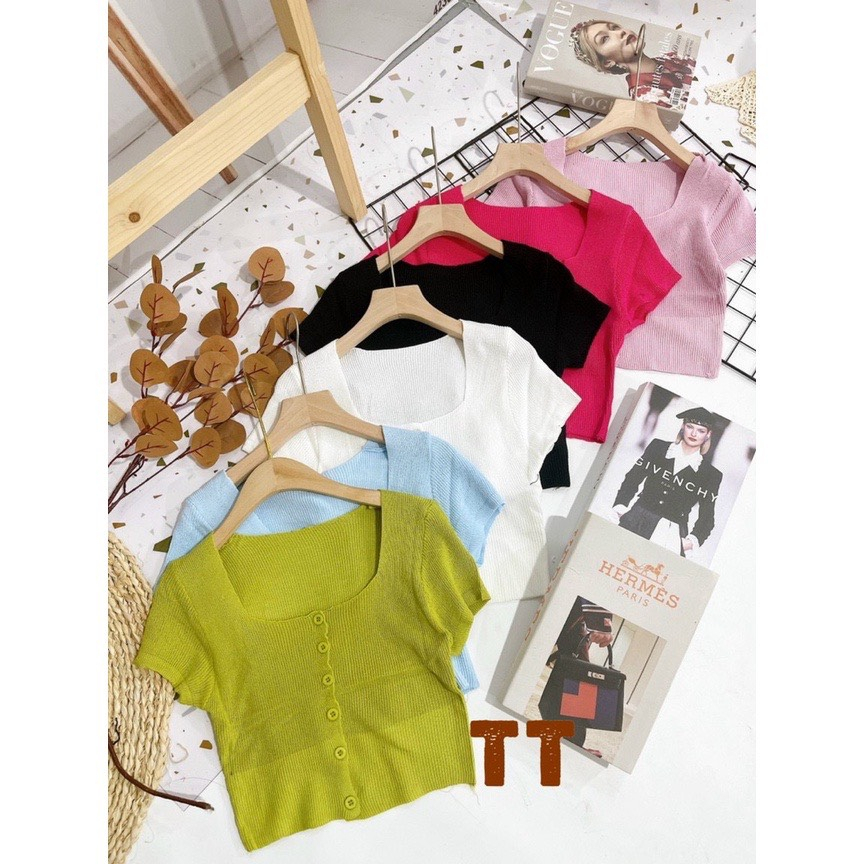 Áo len Croptop Dệt Kim Tay Ngắn Cổ Vuông Nhiều Màu Phối Nút Dễ Thương Cho Nữ b70