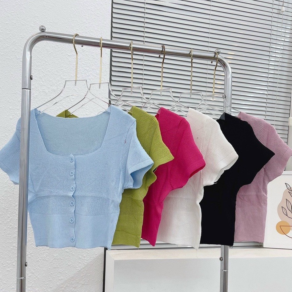 Áo len Croptop Dệt Kim Tay Ngắn Cổ Vuông Nhiều Màu Phối Nút Dễ Thương Cho Nữ b70