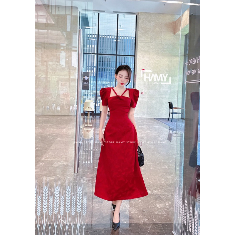 Đầm Tay Phồng Dây Đan Cổ