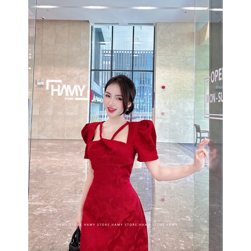 Đầm Tay Phồng Dây Đan Cổ