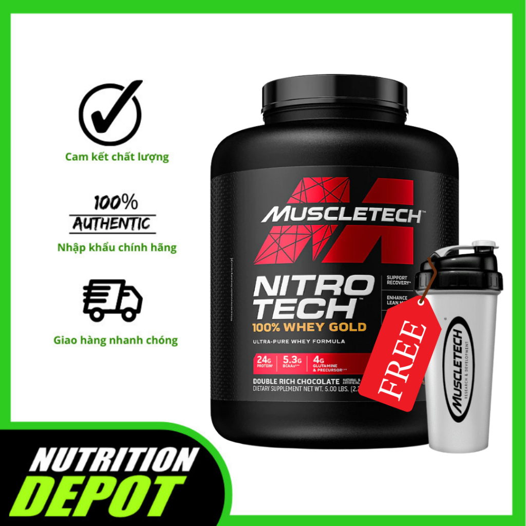 Sữa tăng cơ Nitrotech 100% Whey Gold Muscletech 5lbs (2.3kg) 69 lần dùng - TẶNG KÈM 1 shaker MT