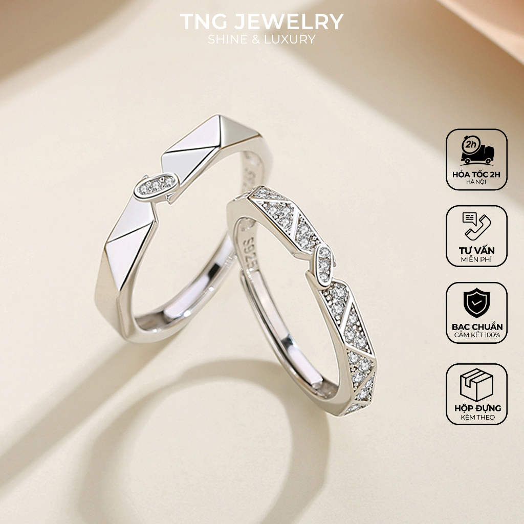 Nhẫn đôi nam nữ bạc 925 TNB005, Đính đá tinh xảo, Tự chỉnh Size, Phong cách MerryMe Hàn Quốc sang trọng - TNG Jewelry