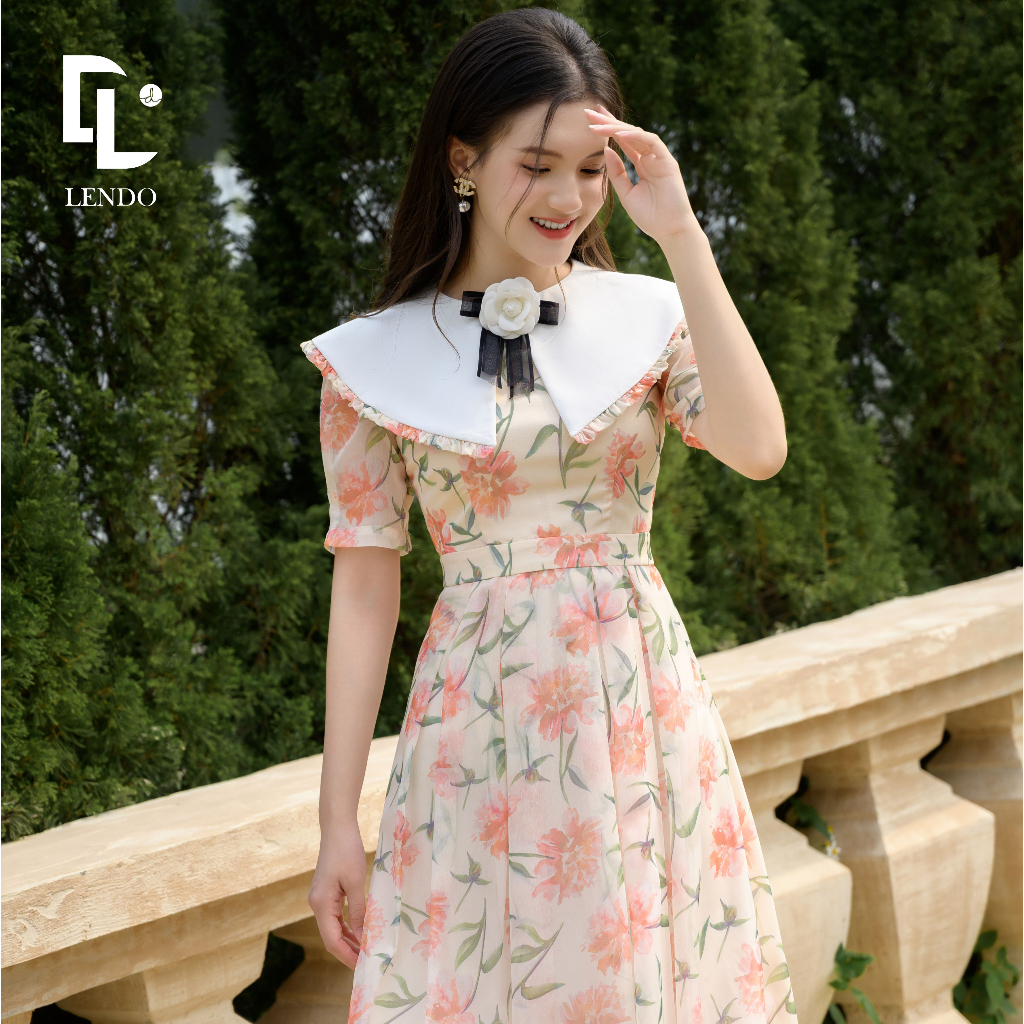 Đầm Hoa Cam Phối Cổ Trắng Cài Tag Hoa Trà LENDO V230234