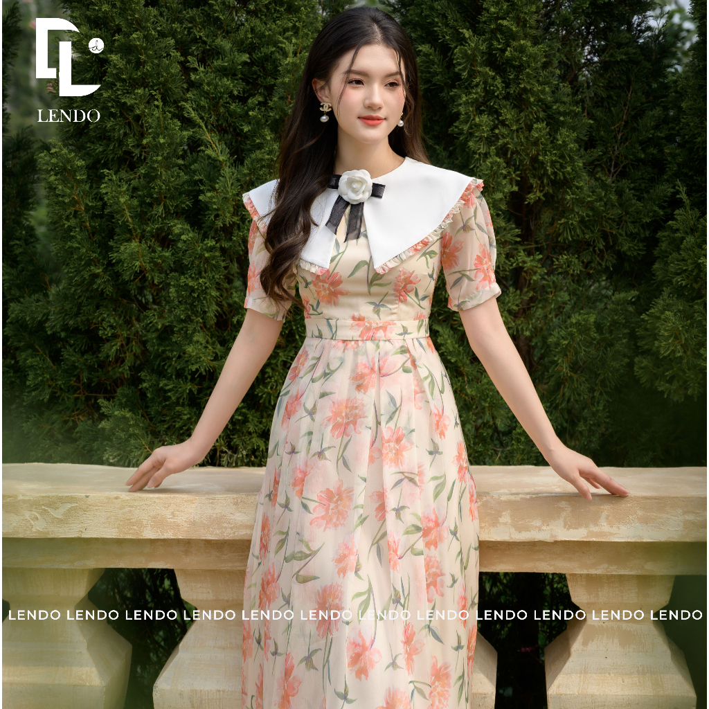 Đầm Hoa Cam Phối Cổ Trắng Cài Tag Hoa Trà LENDO V230234