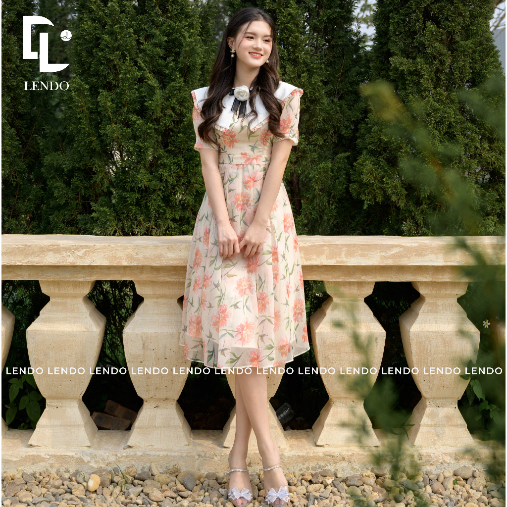 Đầm Hoa Cam Phối Cổ Trắng Cài Tag Hoa Trà LENDO V230234