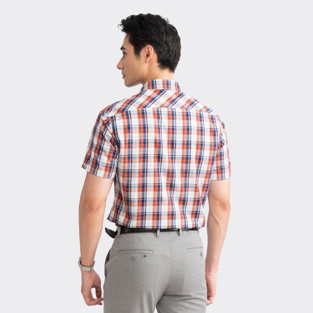 Áo sơ mi nam ngắn tay ARISTINO họa tiết kẻ caro phối trắng cam trẻ trung, lịch sự - ASS219S2