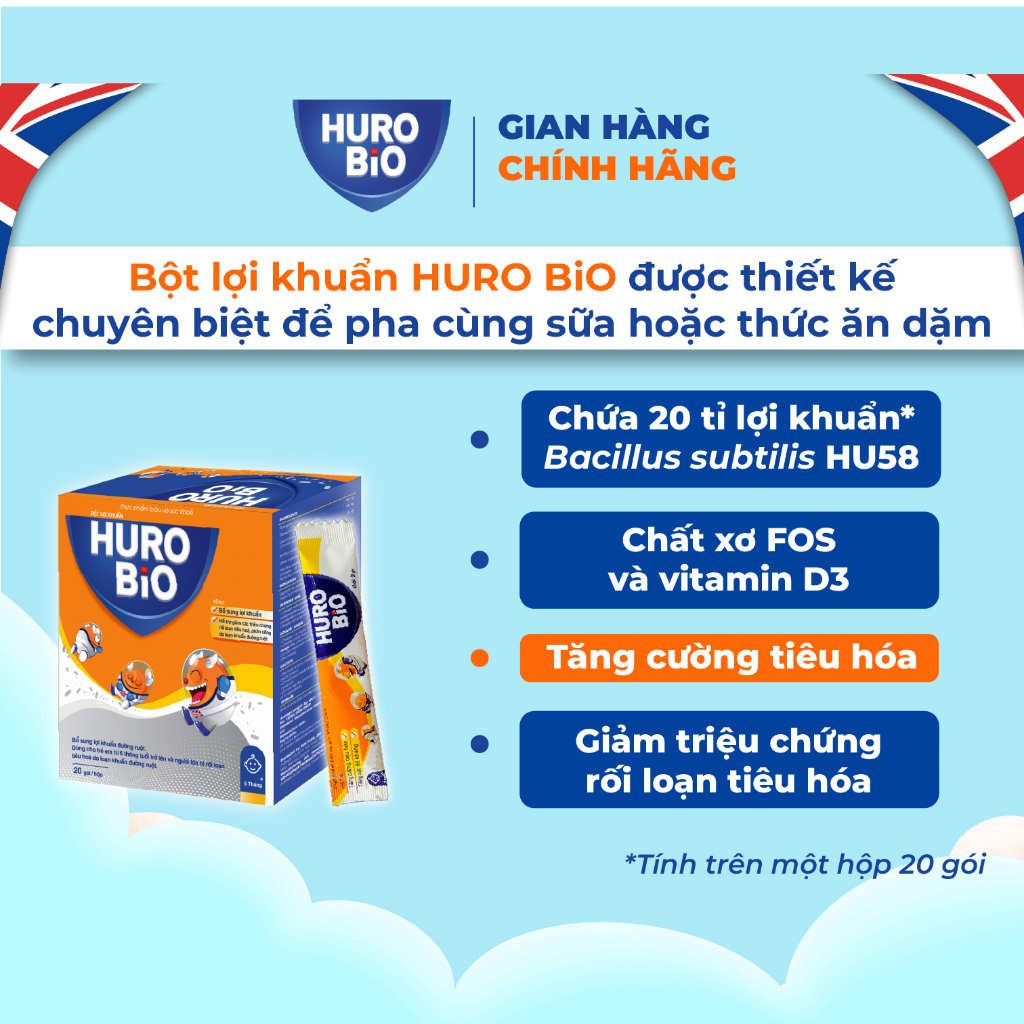 Bột lợi khuẩn Huro Bio chuyên dụng pha sữa & thức ăn lỏng cho trẻ em (20 gói/hộp)