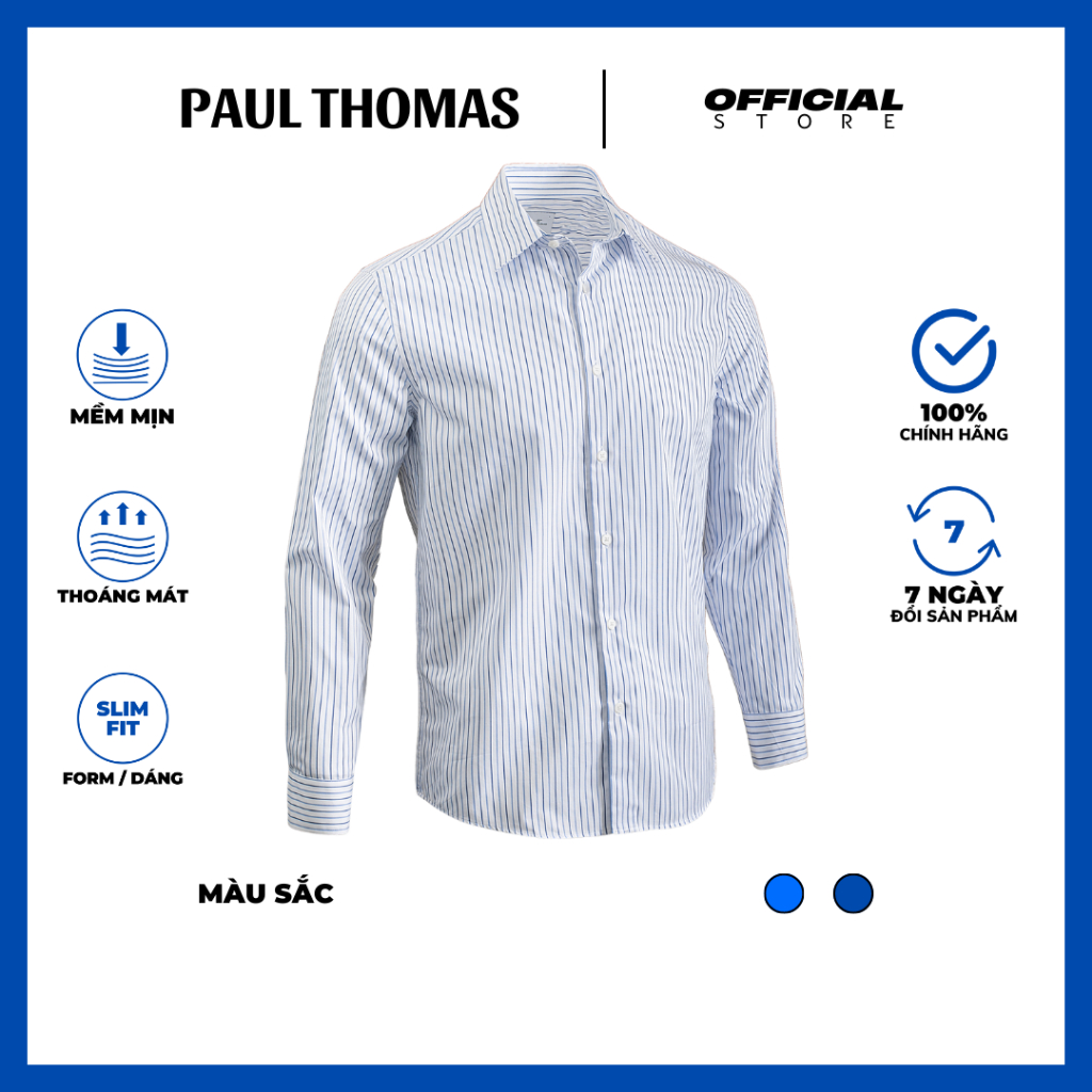 ÁO SƠ MI NAM CAO CẤP DÀI TAY KẺ XANH THANH LỊCH, DÁNG SLIM ÔM TÔN BODY, HÀNG CHÍNH HÃNG - PAUL THOMAS